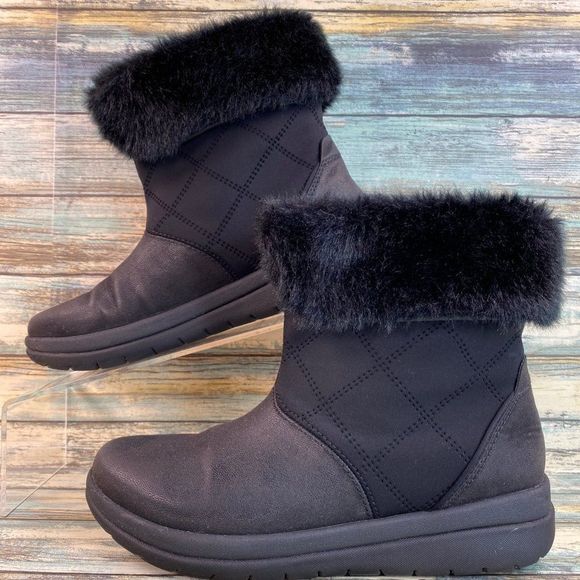 Clarks Cloudsteppers Womens Black Ankle Booties Size 5.5M Faux Fur Trim Pull On - Picture 2 of 12